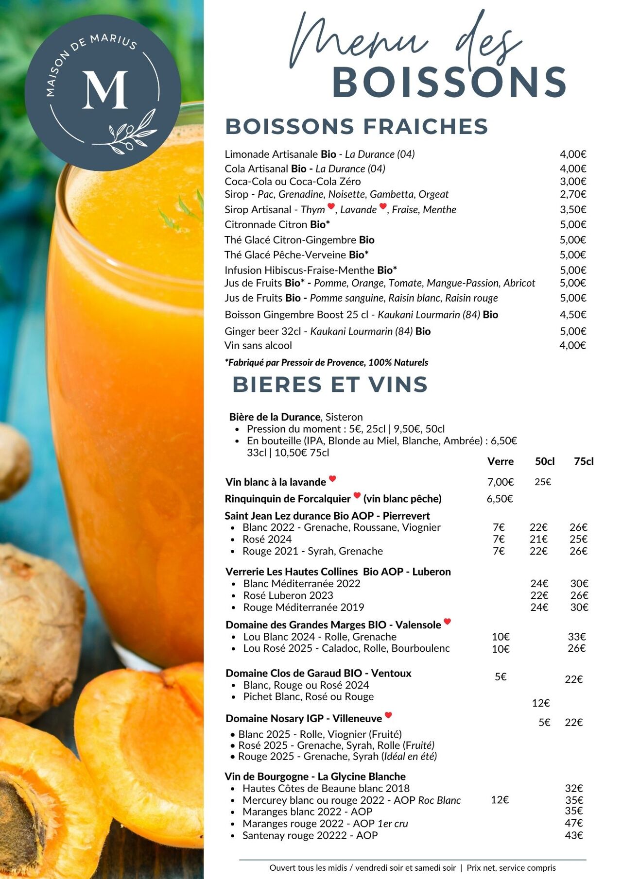 La carte des boissons