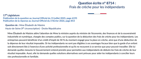 Question écrite sur les frais de crèche pour les indépendants
