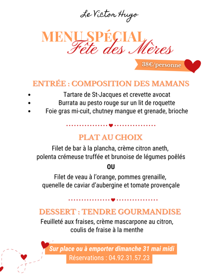 🌸À l’occasion de la Fête des Mères, Le Victor Hugo propose un menu spécial à savourer dimanche 31 mai midi.