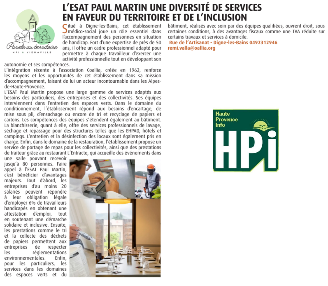 Parution dans le journal Haute-Provence Info (HPI) en décembre 2024