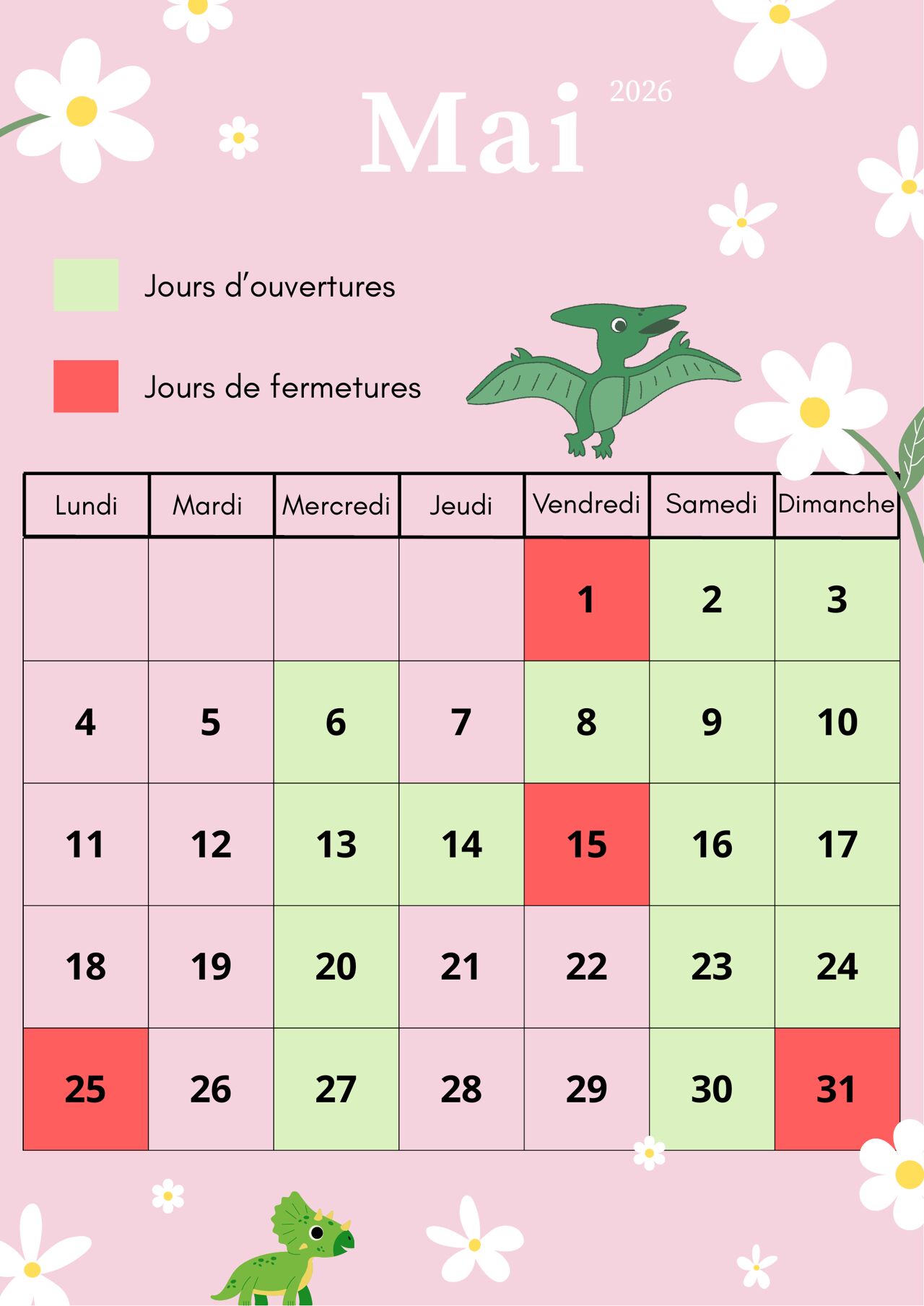 planning d'ouvertures du mois de mai