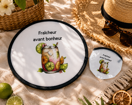 Éventail pliant personnalisé "Fraîcheur avant bonheur" 🌸✨