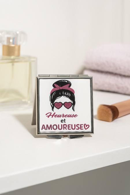miroir de poche "Heureuse et Amoureuse" 