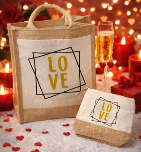 sac en toile de jute avec pochette de rangement « Love » 💖 