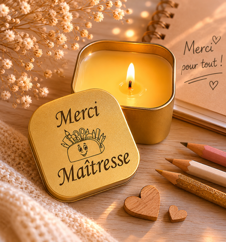 🕯️🍎 Bougie en boîte métal personnalisée – « Merci Maîtresse » 🍎🕯️