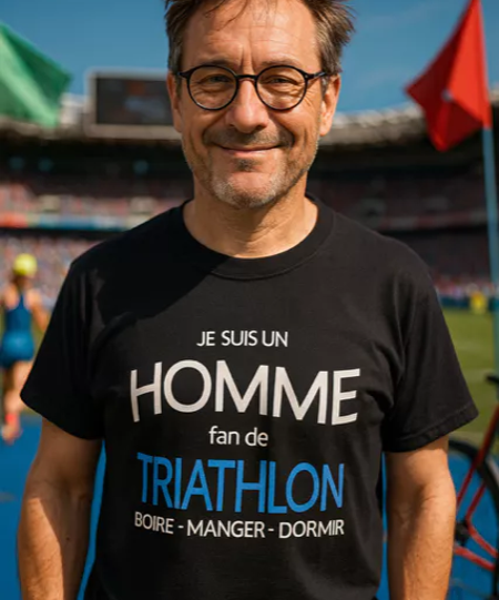  T-shirt homme – « Je suis un homme fan de triathlon : boire, manger, dormir » 🏆😎