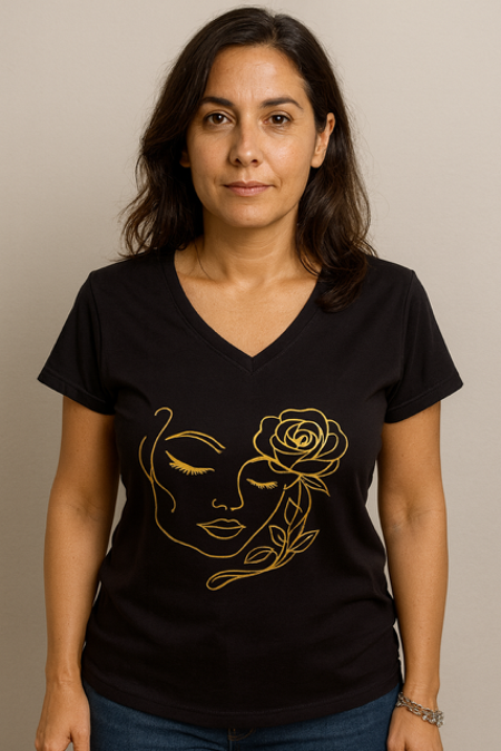 T-shirt femme avec un visage de femme et une rose 