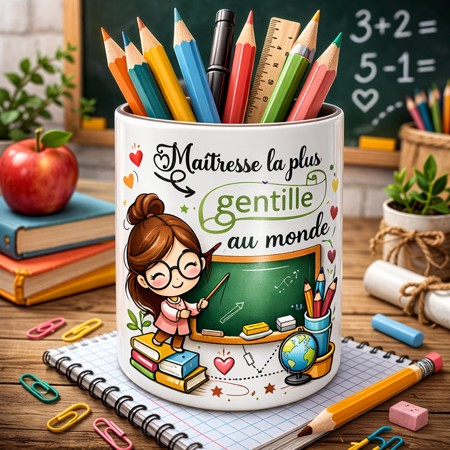 Pot à crayons – “Maîtresse la plus gentille au monde” ✏️💖