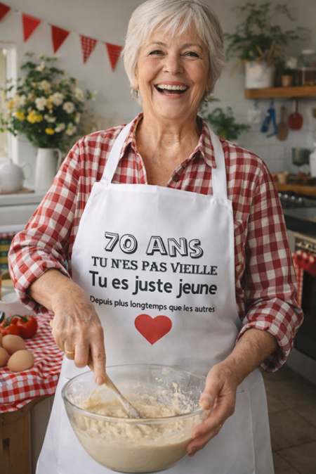 Tablier humour – “70 ans : tu n’es pas vieille, juste jeune depuis plus longtemps” 🎉👩‍🍳