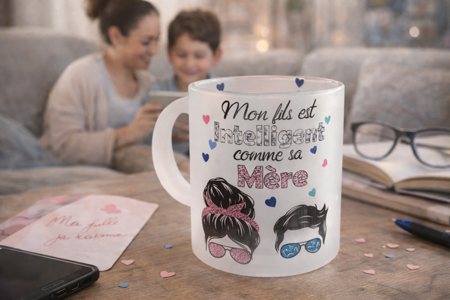  Mug en verre dépoli – Mon fils est intelligent comme sa mère
