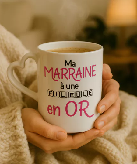 Mug anse cœur – Ma marraine a une filleule en or