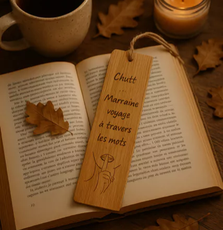 📖 Marque-page en bois « Marraine : voyage à travers les mots »