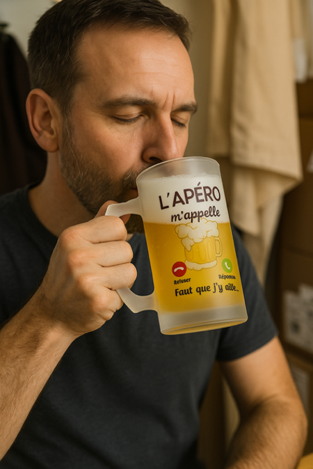 Chope à Bière en Verre Dépoli « L’apéro m’appelle – Faut que j’y aille »