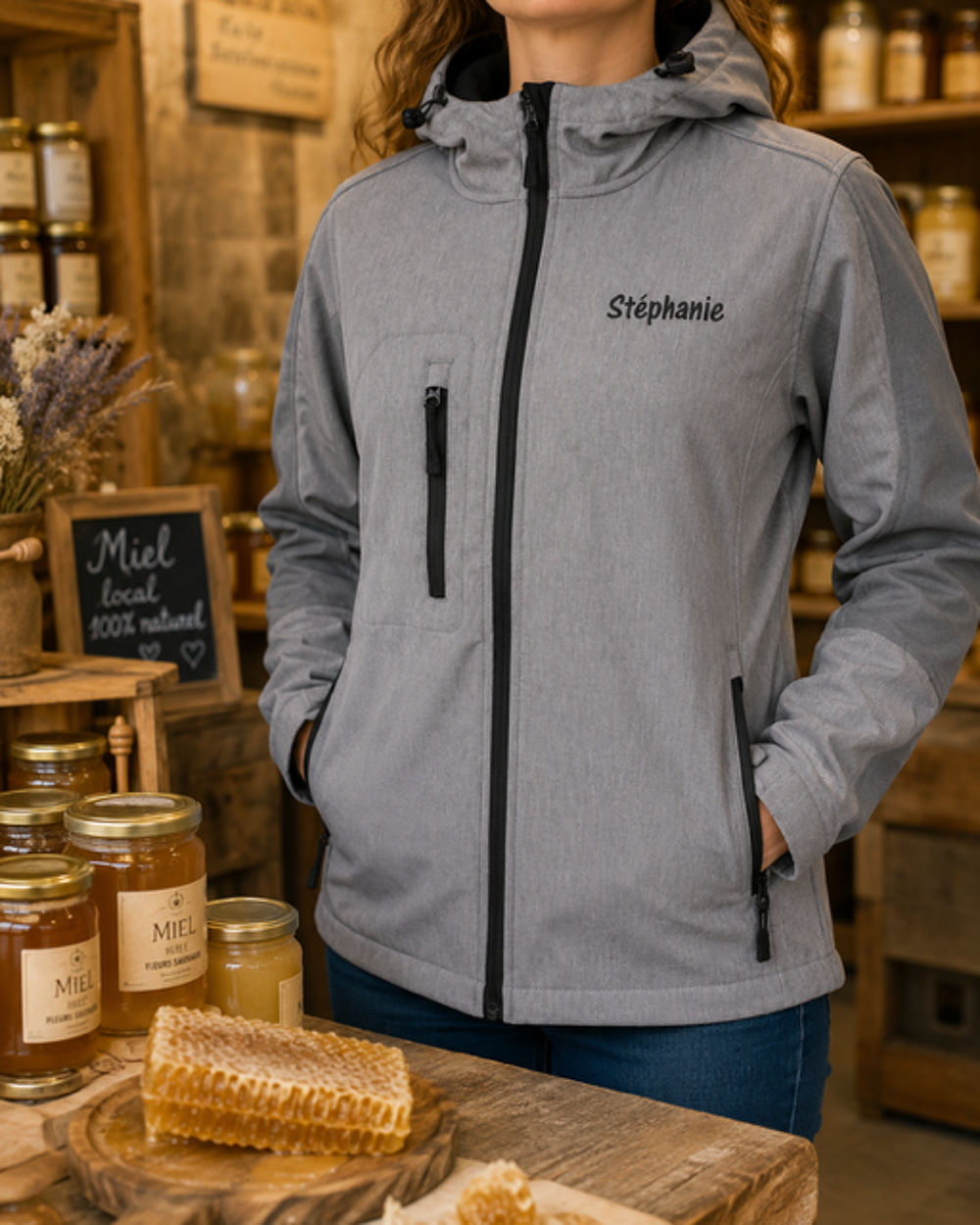 Blouson softshell à capuche gris avec prenom devant