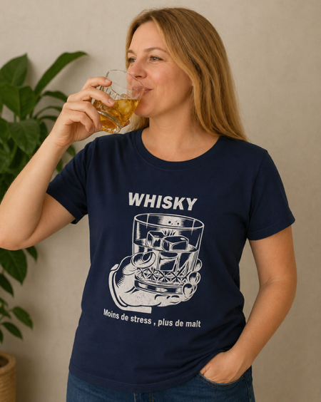 👕🥃 T-shirt femme « Moins de stress, plus de malt » ✨