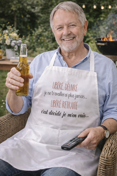 Tablier humour – “Libéré, délivré… je ne travaillerai plus jamais !” 🎉👩‍🍳