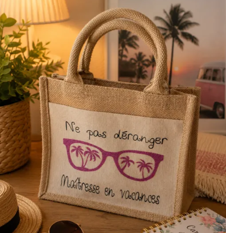 👜🌴 Petit sac en toile de jute « Ne pas déranger, Maîtresse en vacances » 🌴👜