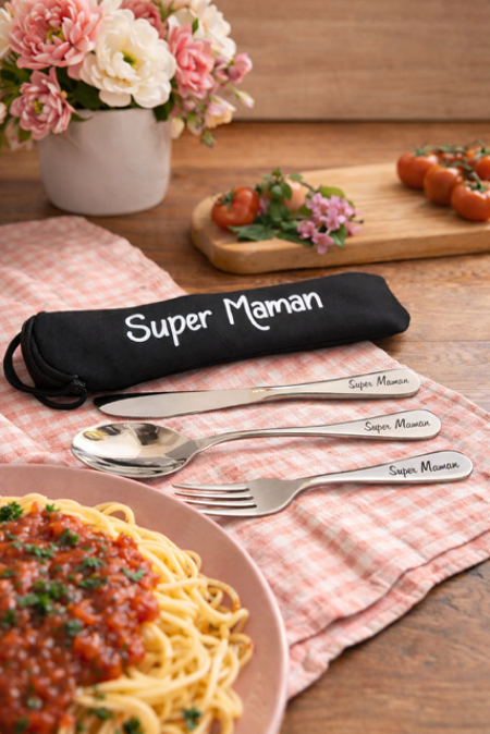  Ensemble de couverts en acier inoxydable gravés « Super maman » 