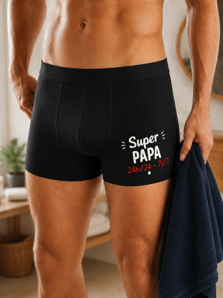 Boxer homme personnalisé « Super Papa 24h/24 – 7j/7 » 🦸‍♂️💙