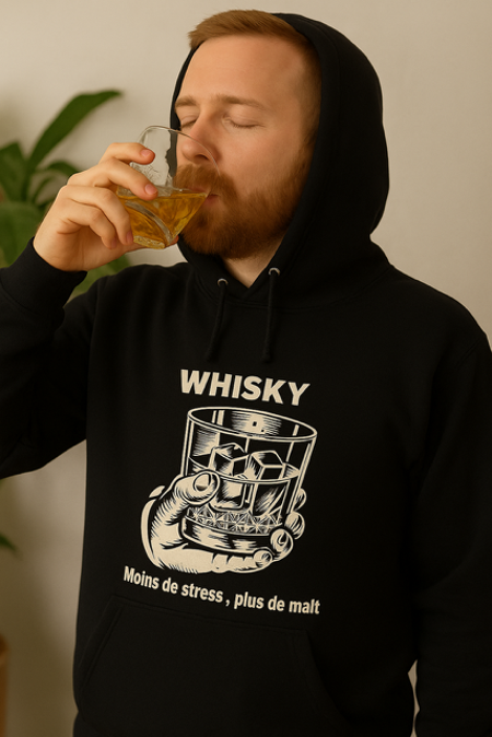 Sweat à capuche homme “Whisky : moins de stress, plus de malt” 