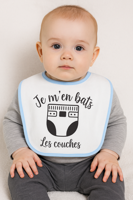 Bavoir bleu "J'men bat les couches"