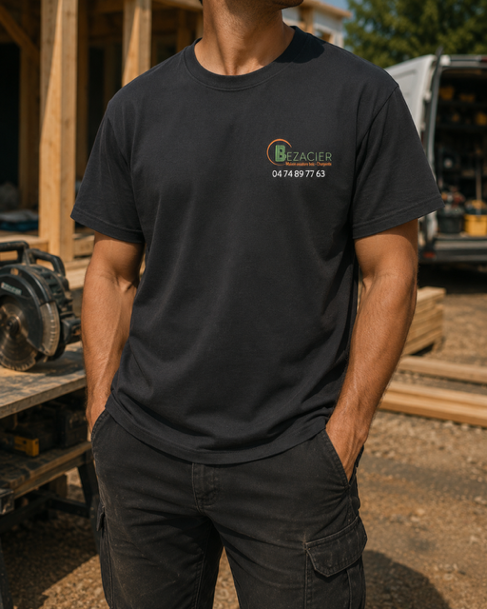 T-shirt noir avec logo et coordonnées poitrine