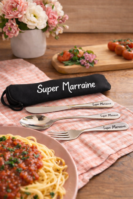  Ensemble de couverts en acier inoxydable gravés « Super marraine » 