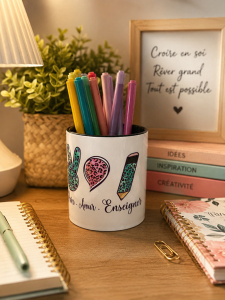 ✏️🕊️ Pot à crayons « Paix, Amour et Enseigner » 🕊️✏️