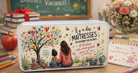 🧰🍎 Boîte de rangement métal « Il y a des maîtresses qui enseignent avec des mots… » 🍎🧰