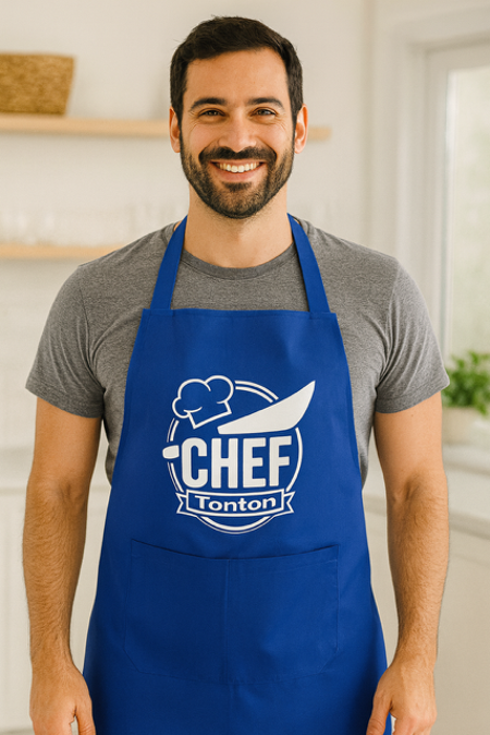 Tablier bleu Chef – version personnalisable (papy, papa, parrain, tonton, etc.) 