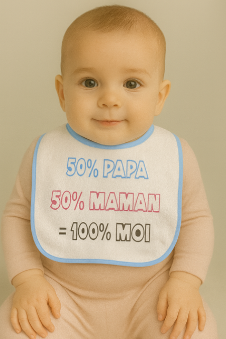 Bavoir  bleu  « bavoir bleu 50% papa 50%maman 100% moi »