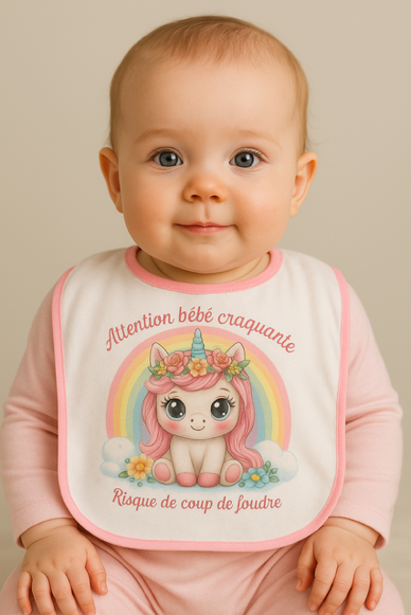 Bavoir rose "Attention bébé craquante – risque de coup de foudre" 