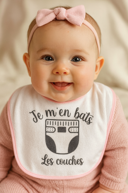 Bavoir rose "Je m’en bats les couches" 