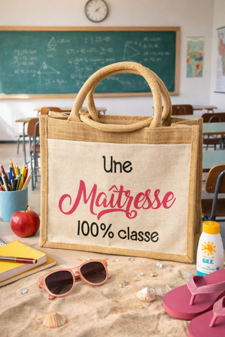 👜 Petit sac en toile de jute « Une maîtresse 100% classe »