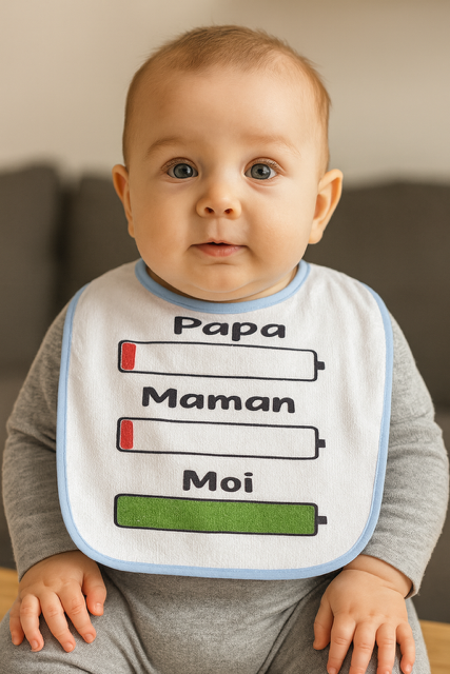 Bavoir bleu "Papa, Maman, Moi" 