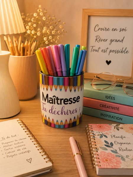 ✏️🍎 Pot à crayons « Maîtresse, tu déchires ! » 🍎✏️