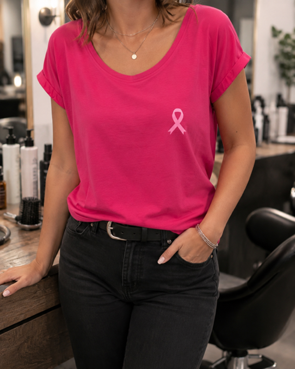 t shirt fuschia femme avec logo octobre rose