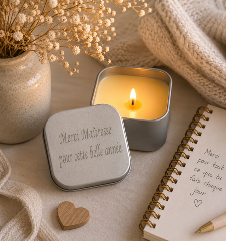🕯️🍎 Bougie en boîte métal « Merci Maîtresse pour cette belle année » 🍎🕯️