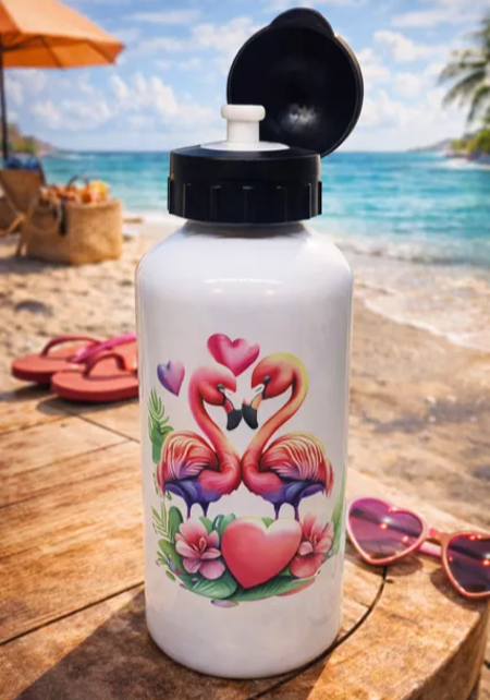 🦩 Gourde  en aluminium « Flamants roses & Cœurs »