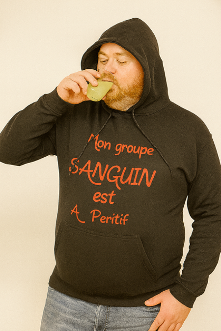 Sweat à capuche homme “Mon groupe sanguin est A péritif”
