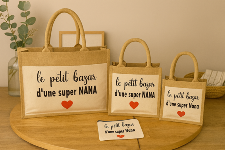 Sac en toile de jute “Le petit bazar d’une super nana” :