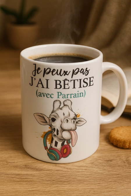 Mug blanc mat – “Je peux pas, j’ai bêtise avec parrain” 