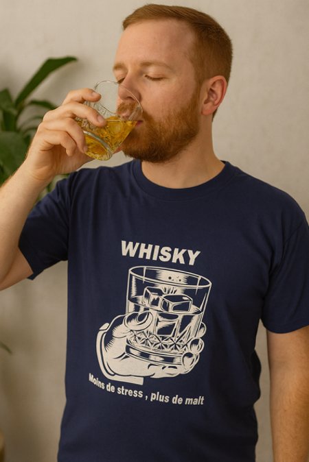 T-shirt homme "Whisky : moins de stress, plus de malt" 