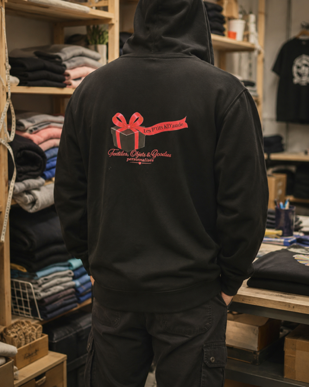 Veste a capuche noire fine avec logo dans le dos