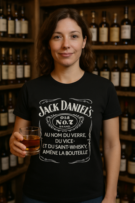 T-shirt femme “Jack Daniel’s – Au nom du verre, du vice et du saint whisky, amène la bouteille” 