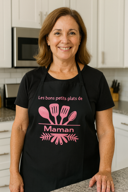 Tablier noir – “Les bons petits plats de …” (maman, mamie, marraine, etc.) 