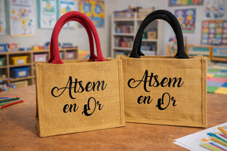 👜 Petit sac en toile de jute « ATSEM en Or » anse rose ou noire