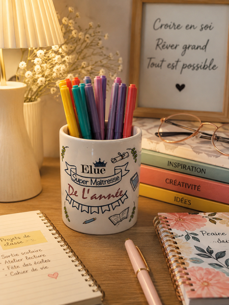 ✏️🏆 Pot à crayons « Élue Super Maîtresse de l'Année » 🏆✏️