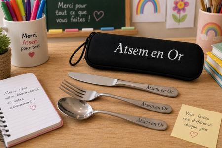 🍴✨ Ensemble de couverts en acier inoxydable « ATSEM en Or » ✨🍴