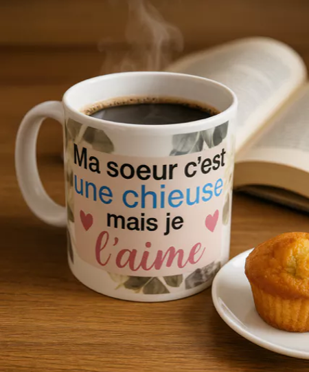 Mug Blanc Mat – “Ma sœur, c’est une chieuse… mais je l’aime”